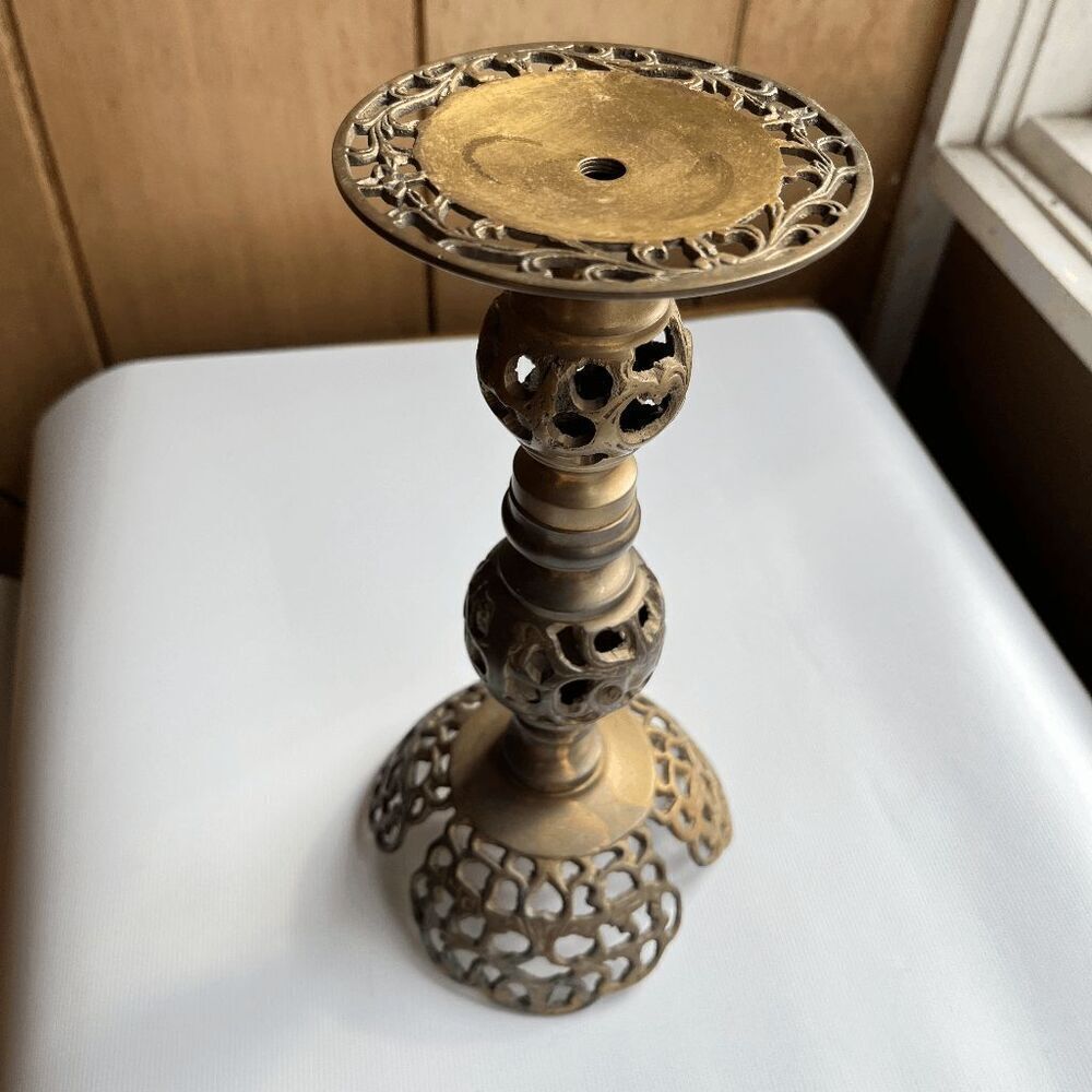 Vintage Brass Filigree Candlestick Holder Victorian Style